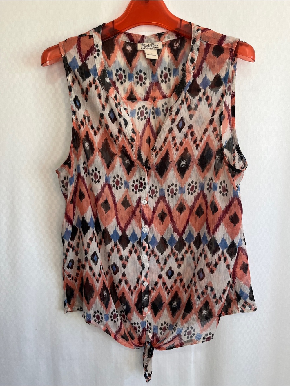 Lucky Brand Blouse Large Top Sheer Coral Multi Ikat Tie-Hem Sleeveless